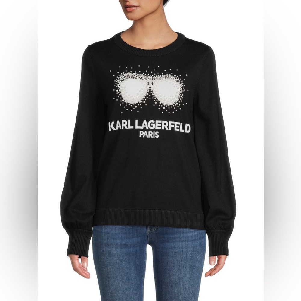 KARL LAGERFELD PARIS Faux Pearl Beaded Sunglass Logo Black Puff Sleeve Sweater S